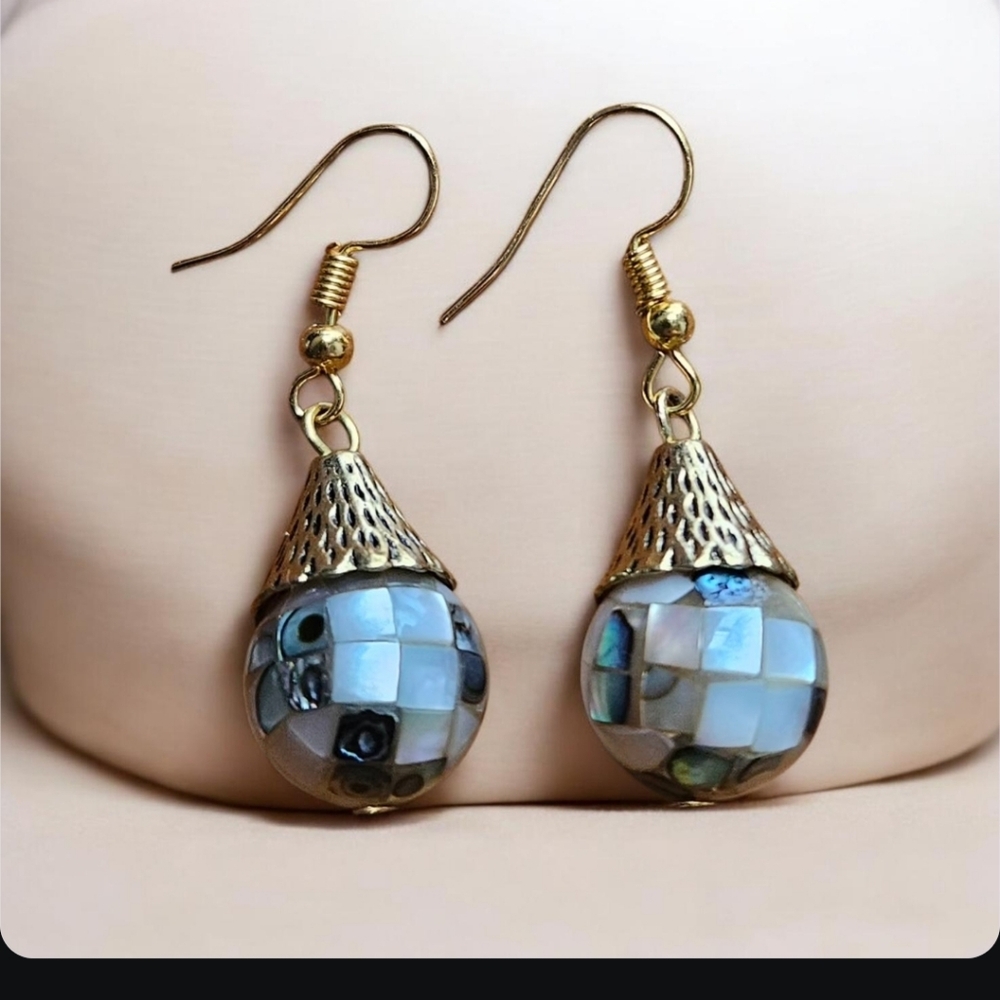 Mosaic Mother of Pearl Dangle Earrings. Last Pic Color is more accurate. - Picture 4 of 6